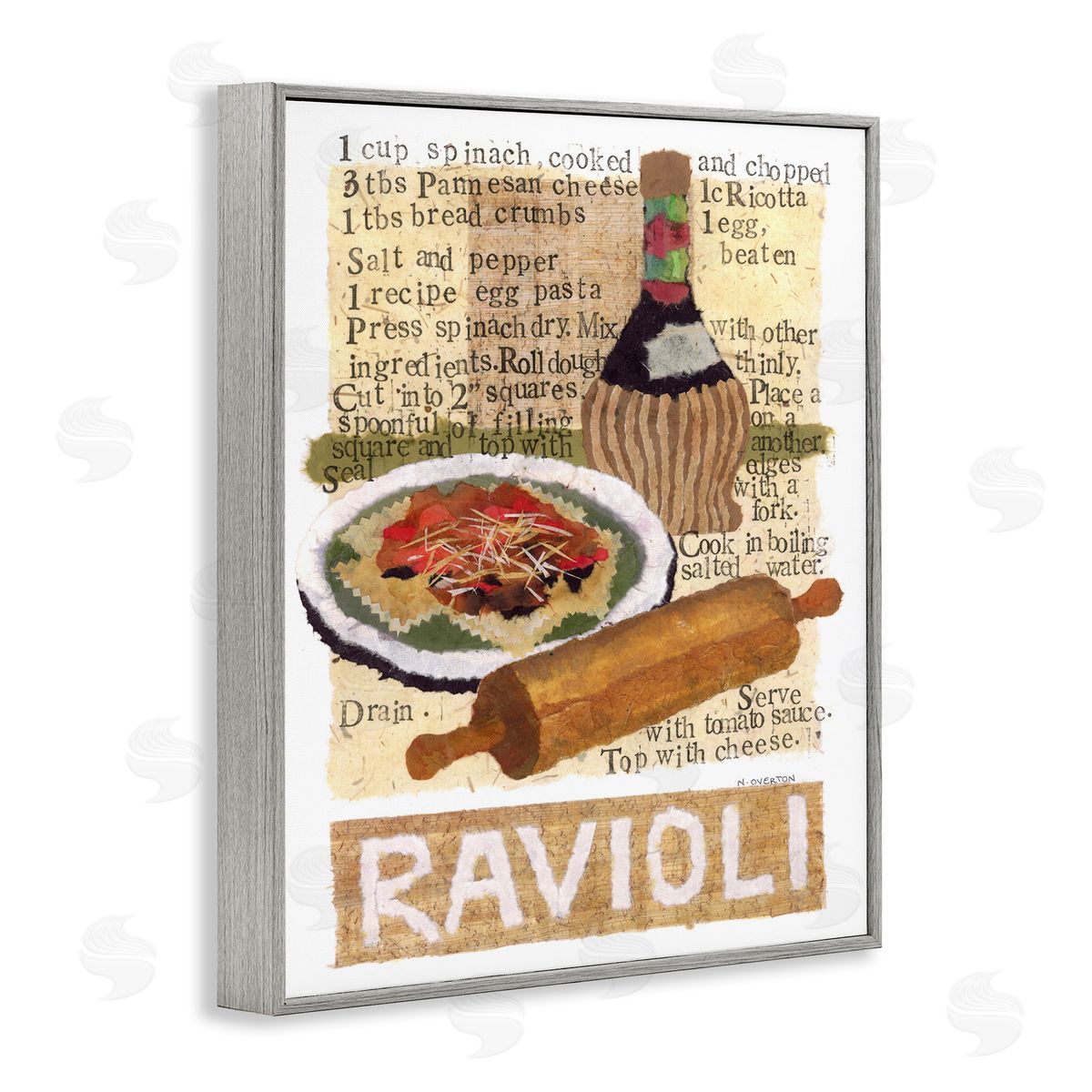 Vintage Ravioli Recipe Grey Frame Print Wall Art, Home Decor by Nancy Overton