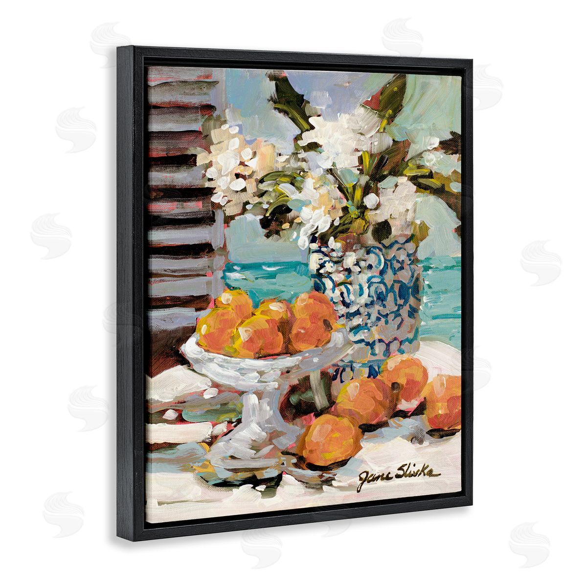 Coastal Fruits Still Life Black Floating Frame Canvas Wall Art, Home Decor by Jane Slivka