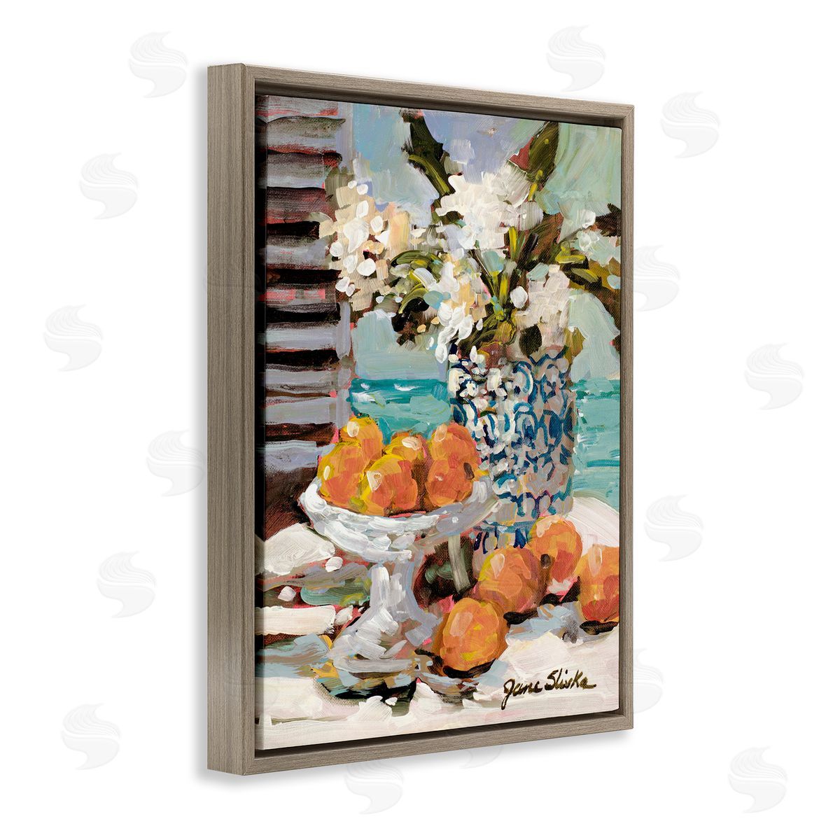 Coastal Fruits Still Life Brown Floating Frame Canvas Wall Art, Home Decor by Jane Slivka