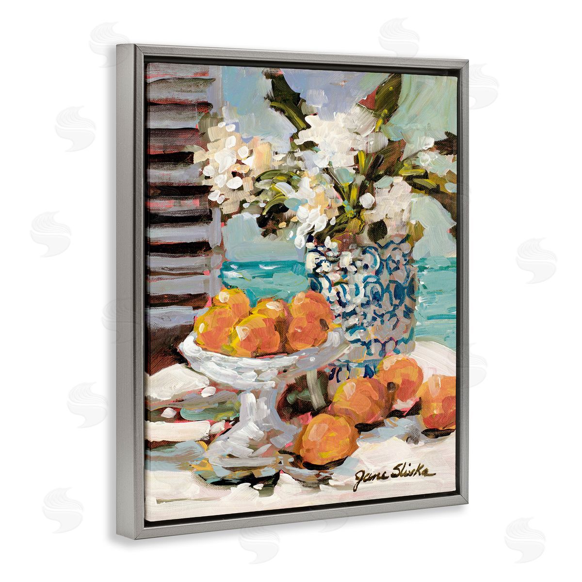 Coastal Fruits Still Life Grey Floating Frame Canvas Wall Art, Home Decor by Jane Slivka