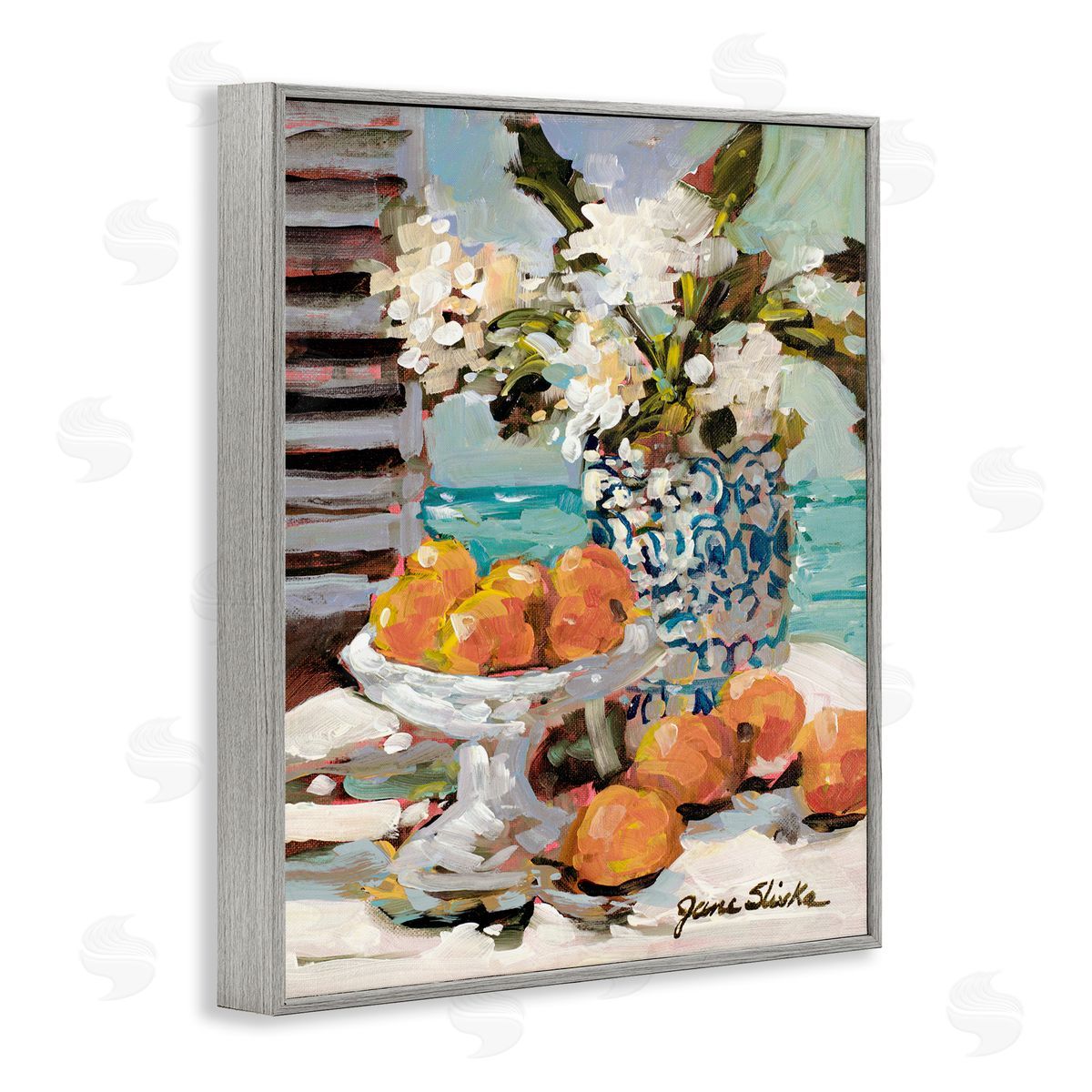 Coastal Fruits Still Life Grey Frame Print Wall Art, Home Decor by Jane Slivka