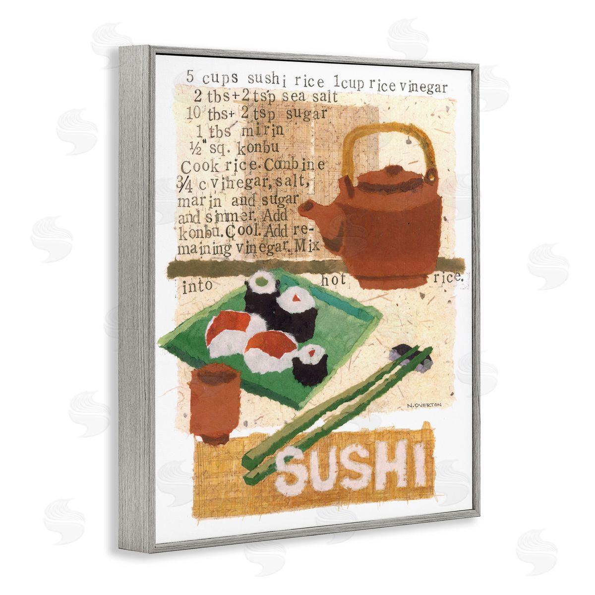 Traditional Sushi Recipe Grey Frame Print Wall Art, Home Decor by Nancy Overton