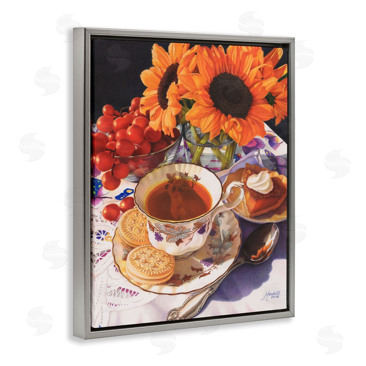 Autumnal Tea Party Grey Floating Frame Canvas Wall Art, Home Decor by Mardell Schuster