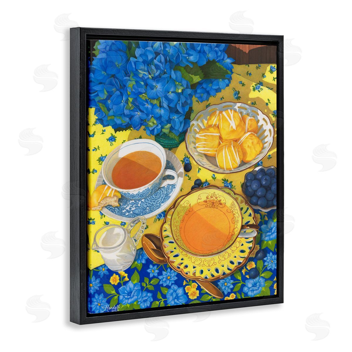 Blue and Yellow Tea Party Black Floating Frame Canvas Wall Art, Home Decor by Mardell Schuster