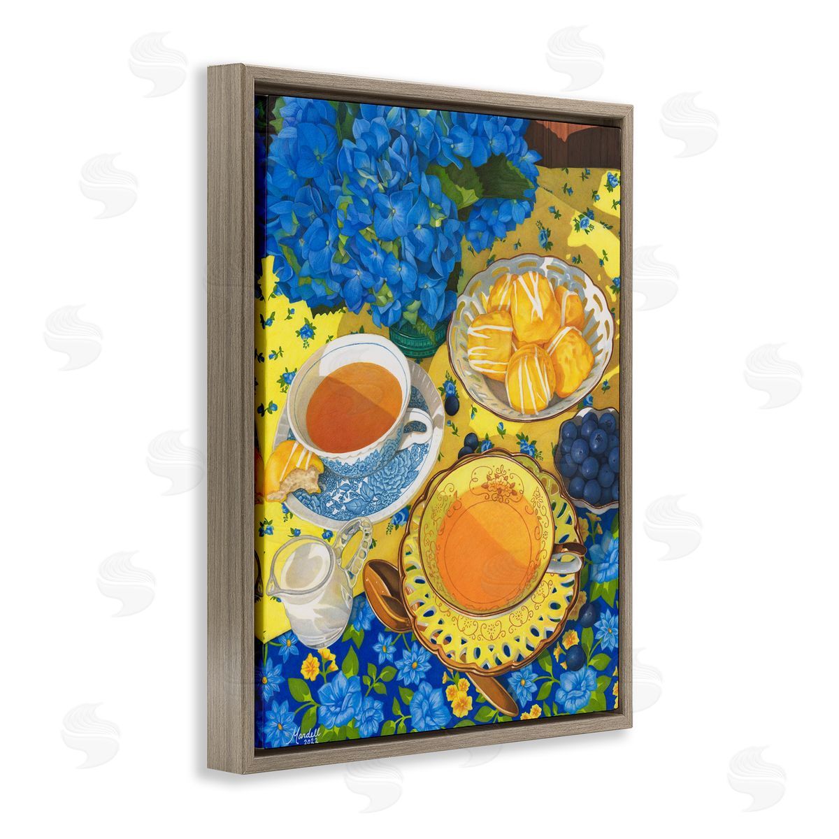Blue and Yellow Tea Party Brown Floating Frame Canvas Wall Art, Home Decor by Mardell Schuster