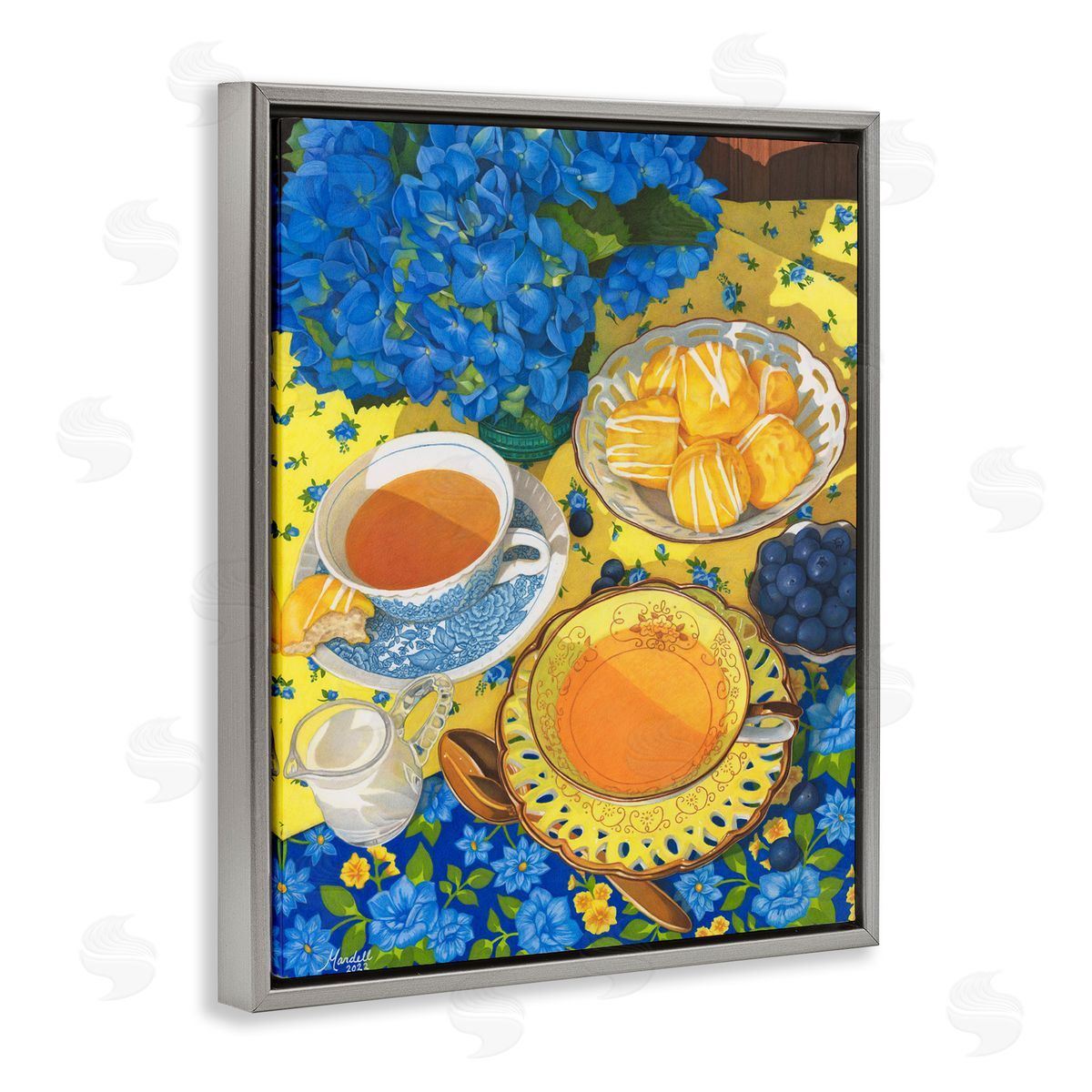Blue and Yellow Tea Party Grey Floating Frame Canvas Wall Art, Home Decor by Mardell Schuster