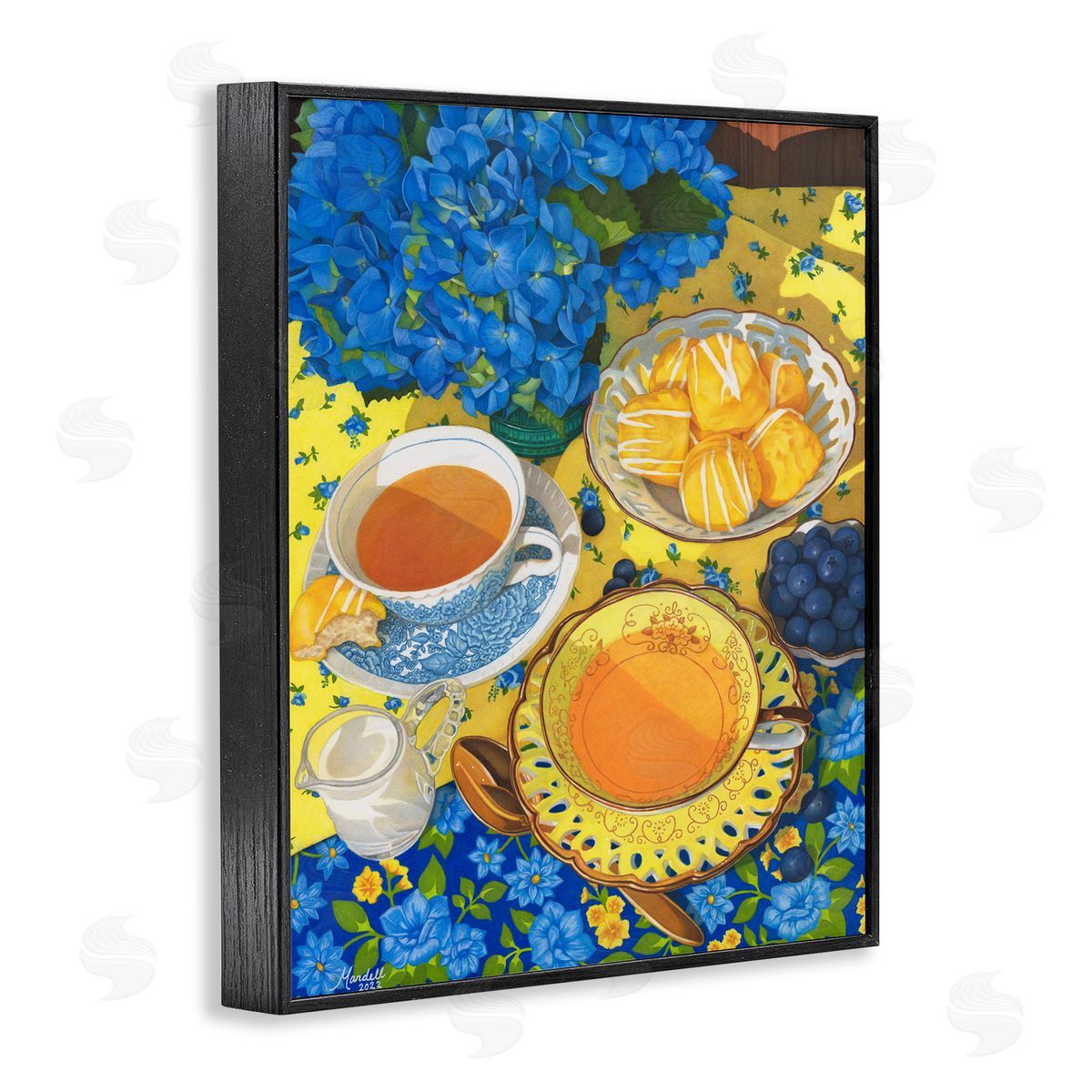 Blue and Yellow Tea Party Black Frame Print Wall Art, Home Decor by Mardell Schuster