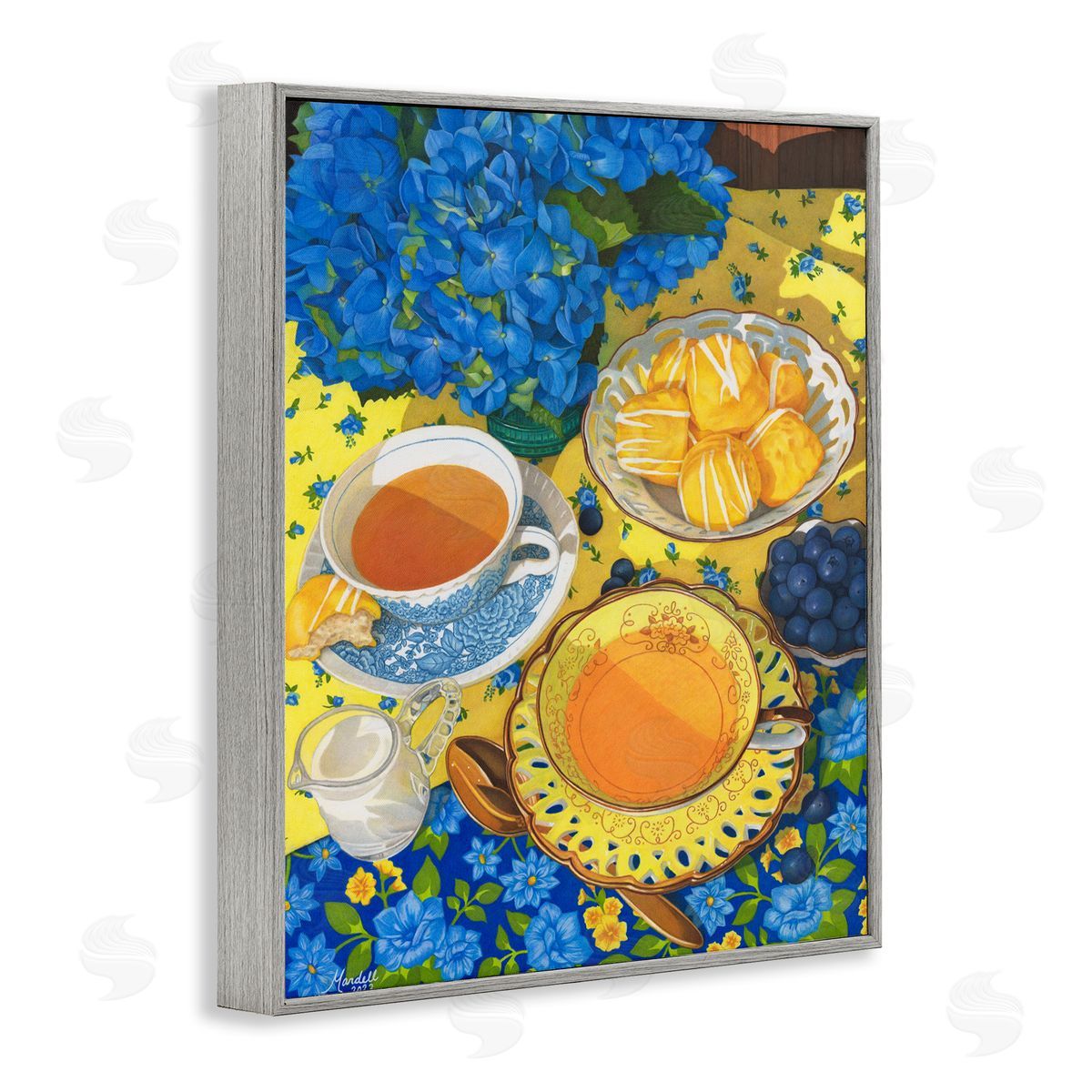 Blue and Yellow Tea Party Grey Frame Print Wall Art, Home Decor by Mardell Schuster