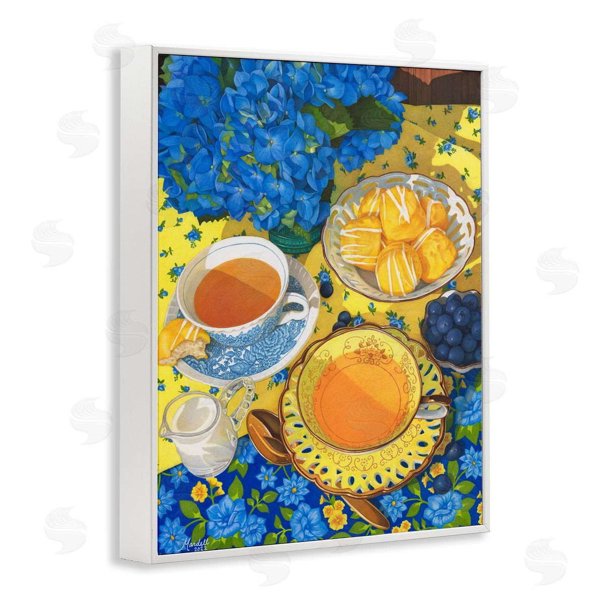 Blue and Yellow Tea Party White Frame Print Wall Art, Home Decor by Mardell Schuster