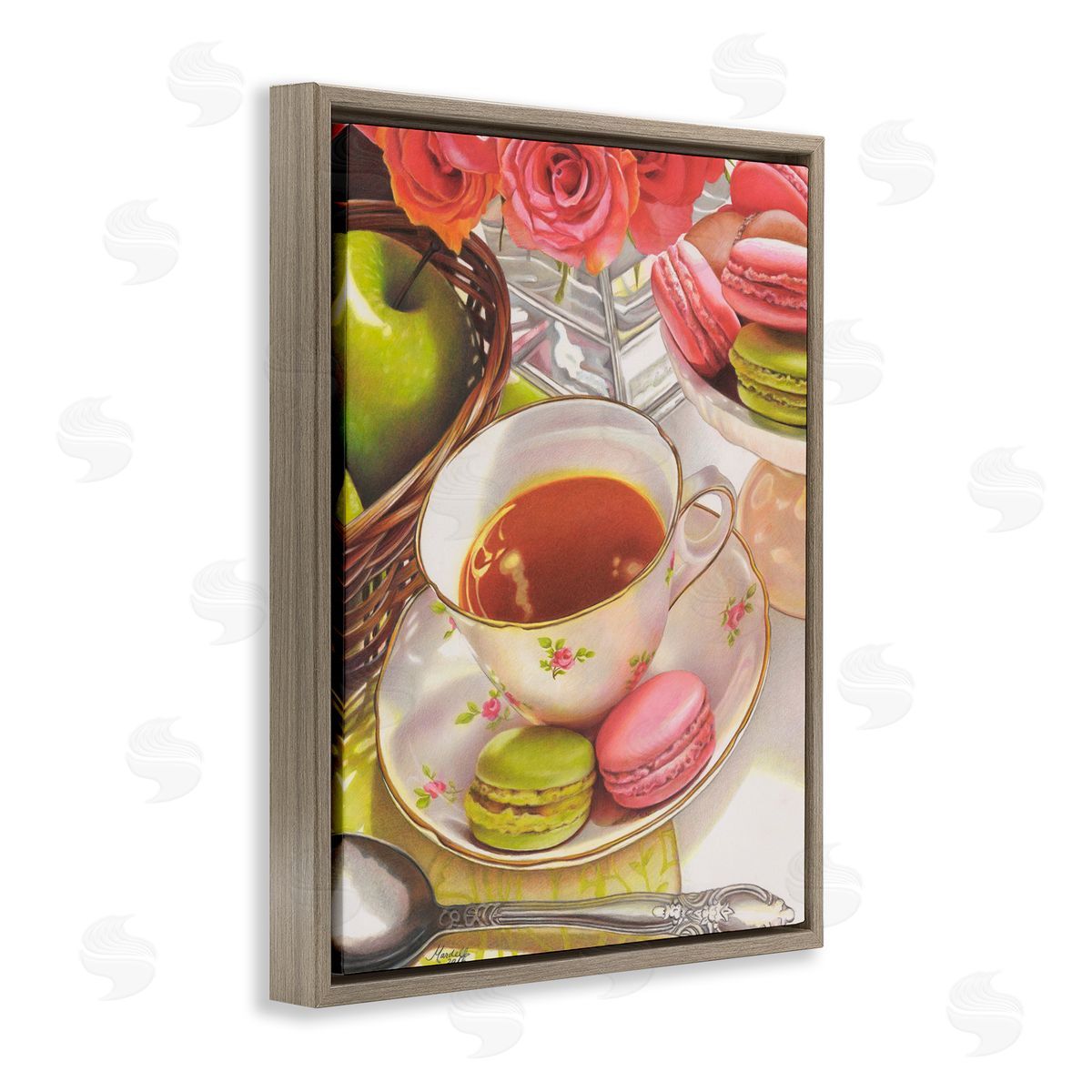 Tea with Macarons Brown Floating Frame Canvas Wall Art, Home Decor by Mardell Schuster