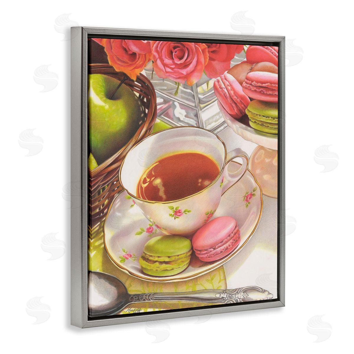 Tea with Macarons Grey Floating Frame Canvas Wall Art, Home Decor by Mardell Schuster