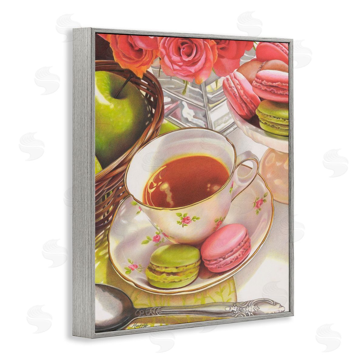 Tea with Macarons Grey Frame Print Wall Art, Home Decor by Mardell Schuster