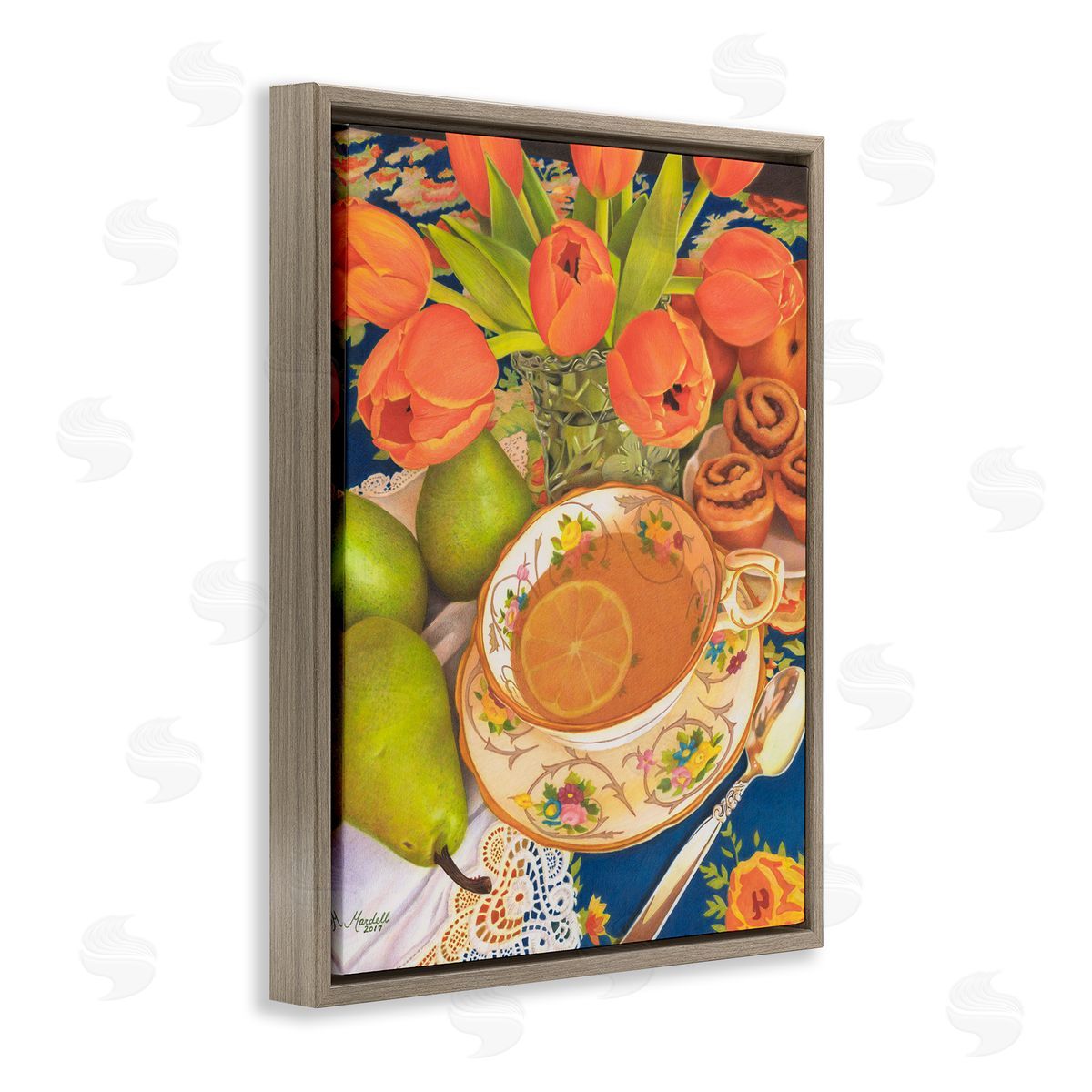 Tea with Orange Tulips Brown Floating Frame Canvas Wall Art, Home Decor by Mardell Schuster