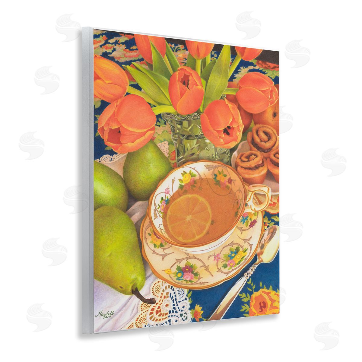 Tea with Orange Tulips Wood Plaque Wall Art, Home Decor by Mardell Schuster