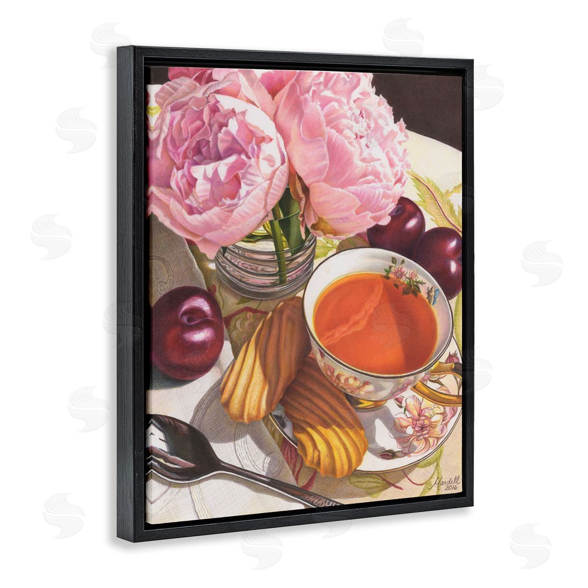 Tea with Peonies and Plums Black Floating Frame Canvas Wall Art, Home Decor by Mardell Schuster