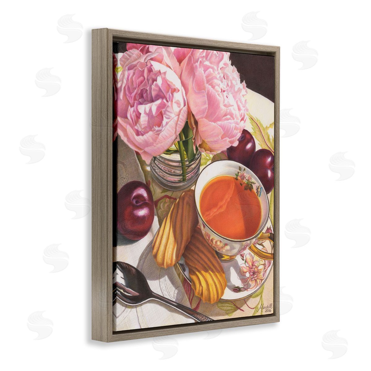 Tea with Peonies and Plums Brown Floating Frame Canvas Wall Art, Home Decor by Mardell Schuster