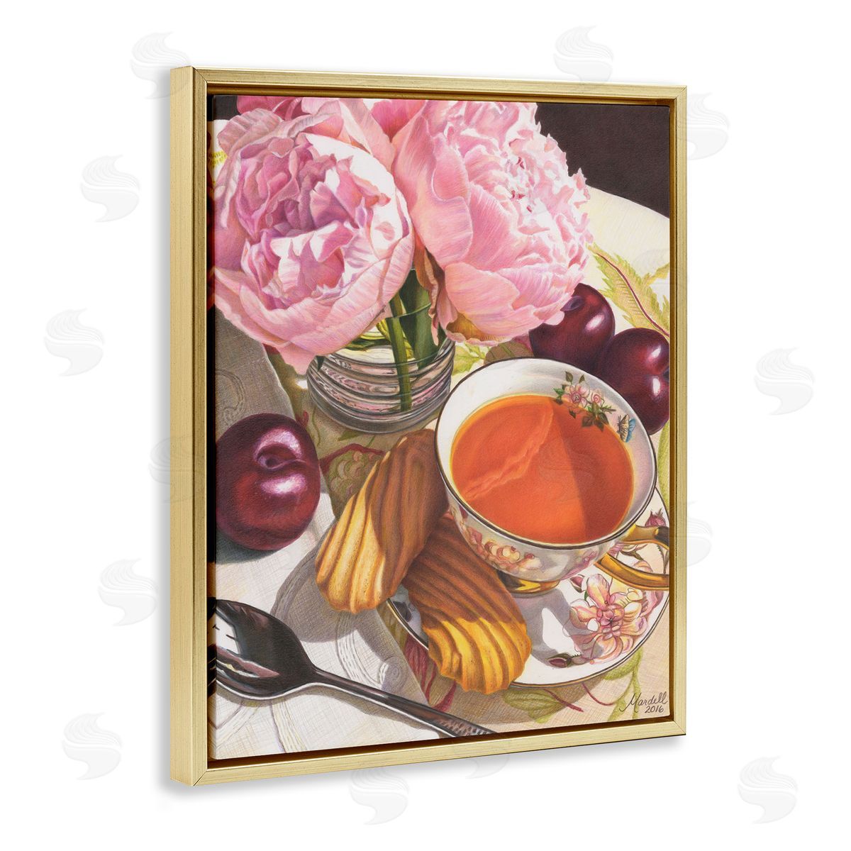 Tea with Peonies and Plums Gold Floating Frame Canvas Wall Art, Home Decor by Mardell Schuster