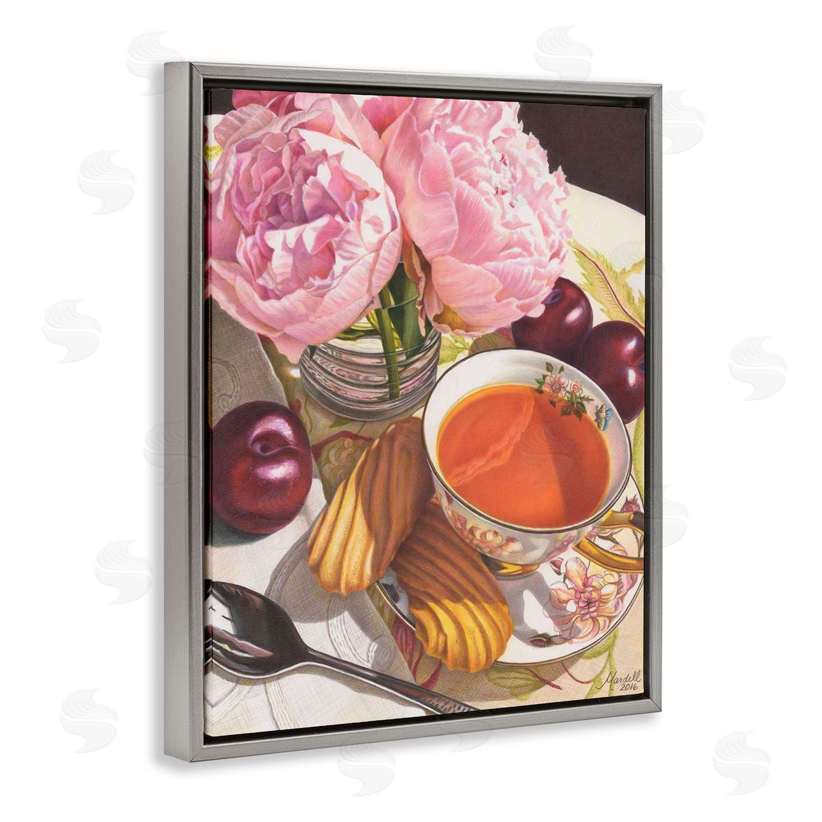 Tea with Peonies and Plums Grey Floating Frame Canvas Wall Art, Home Decor by Mardell Schuster
