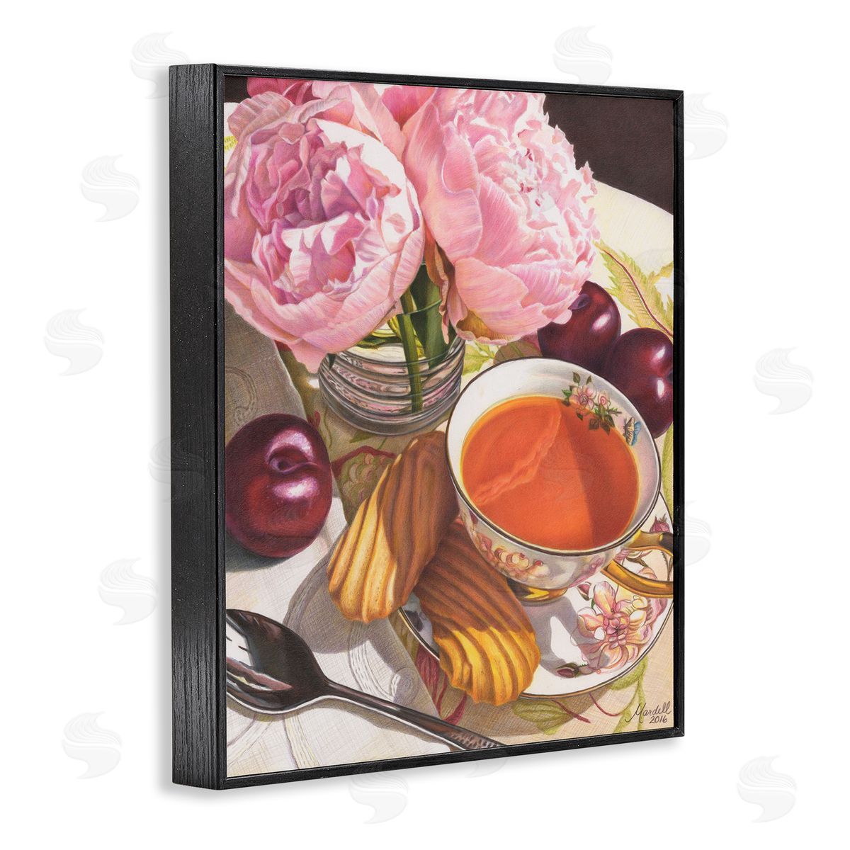 Tea with Peonies and Plums Black Frame Print Wall Art, Home Decor by Mardell Schuster