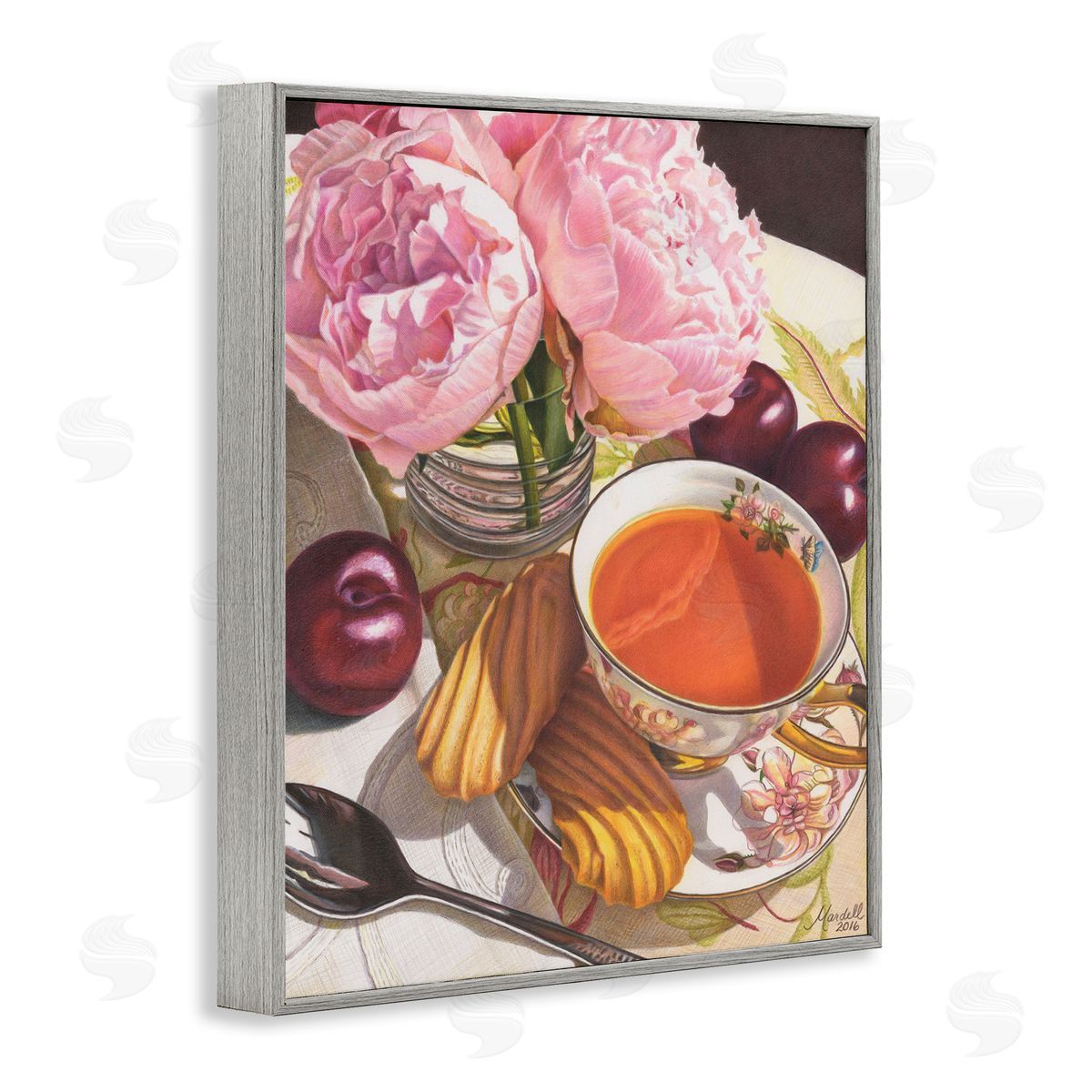 Tea with Peonies and Plums Grey Frame Print Wall Art, Home Decor by Mardell Schuster