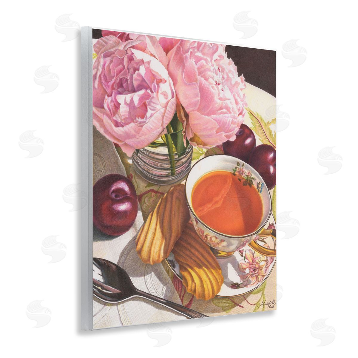 Tea with Peonies and Plums Wood Plaque Wall Art, Home Decor by Mardell Schuster