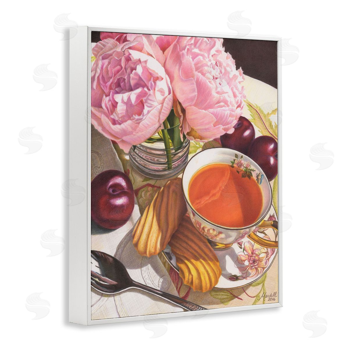 Tea with Peonies and Plums White Frame Print Wall Art, Home Decor by Mardell Schuster