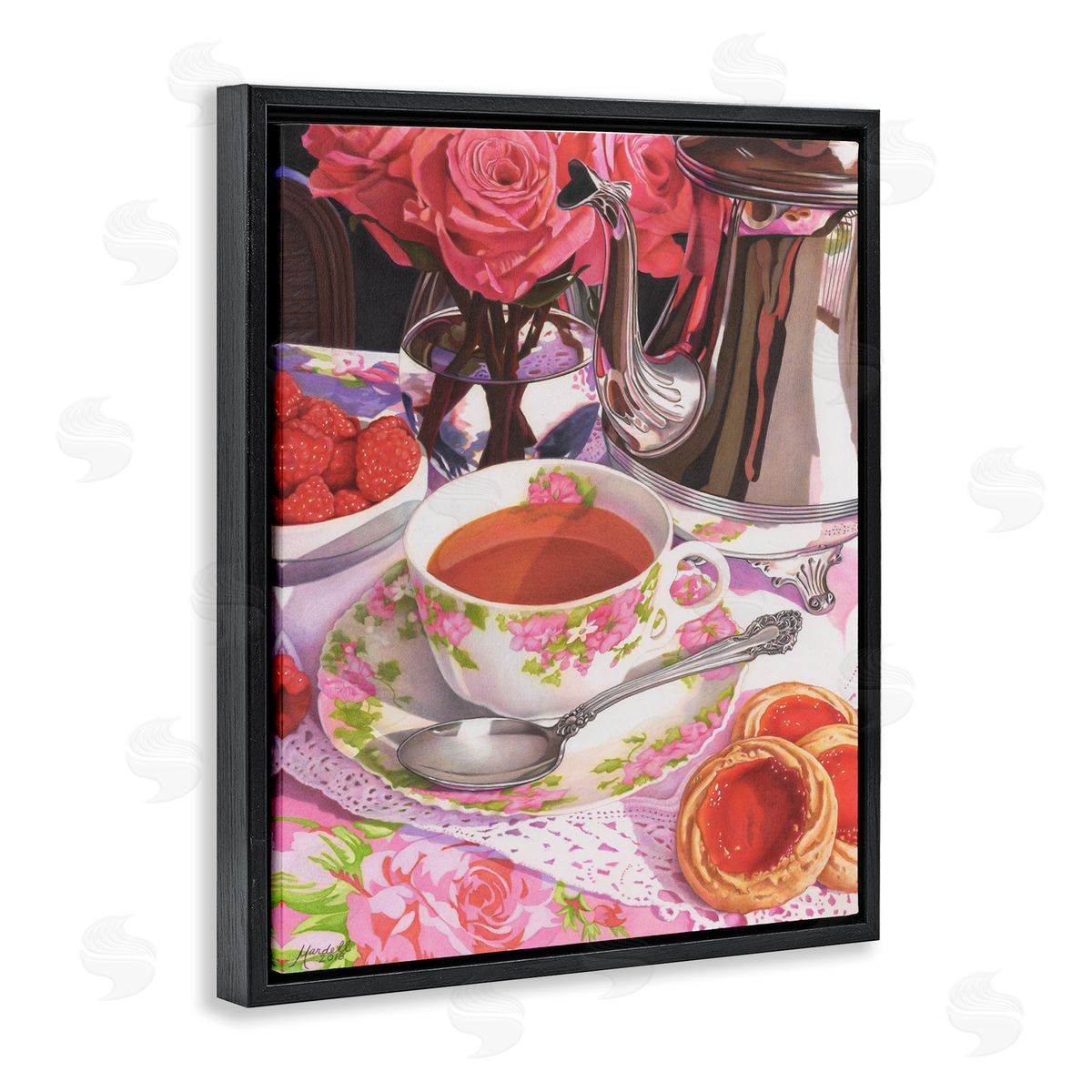 Tea and Strawberry Cookies Black Floating Frame Canvas Wall Art, Home Decor by Mardell Schuster