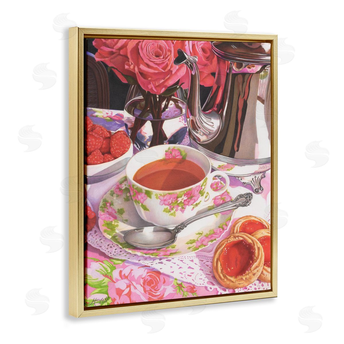 Tea and Strawberry Cookies Gold Floating Frame Canvas Wall Art, Home Decor by Mardell Schuster