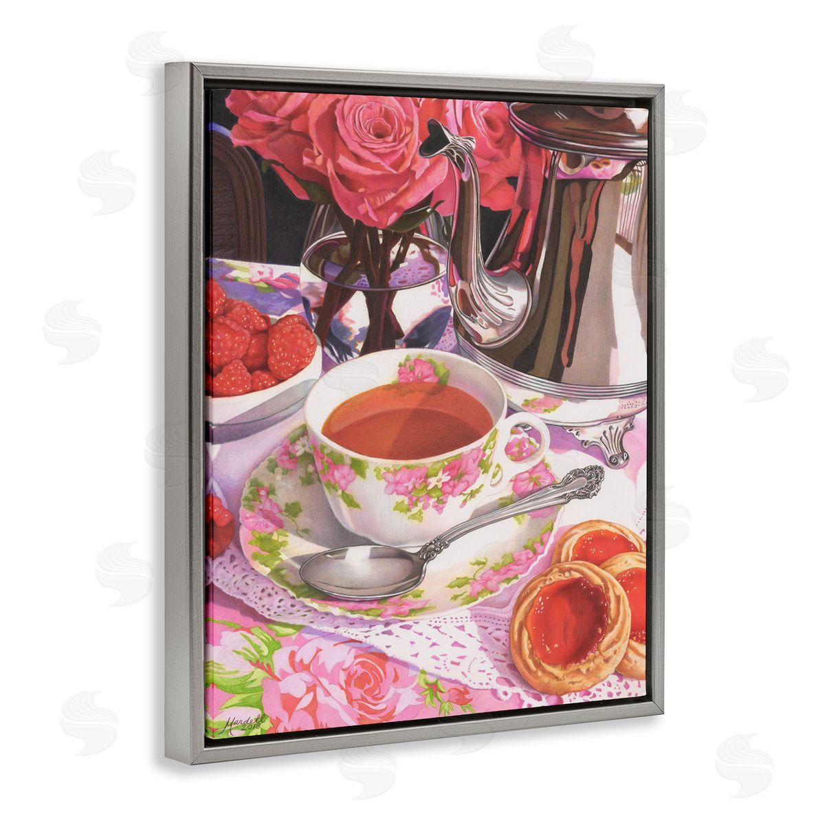 Tea and Strawberry Cookies Grey Floating Frame Canvas Wall Art, Home Decor by Mardell Schuster