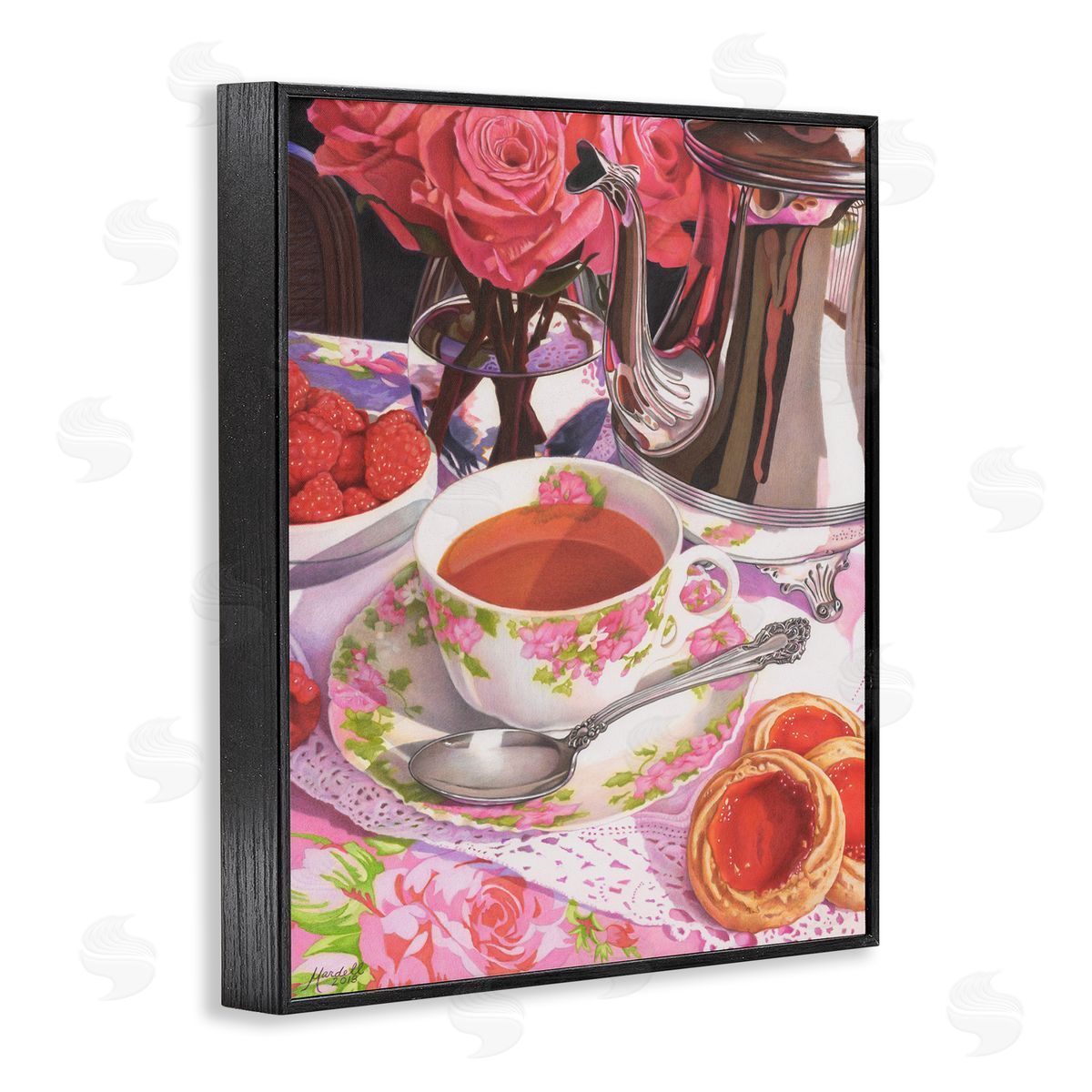 Tea and Strawberry Cookies Black Frame Print Wall Art, Home Decor by Mardell Schuster