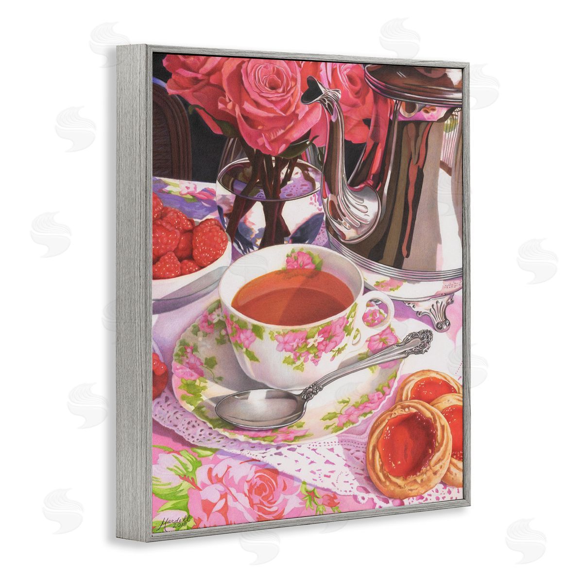 Tea and Strawberry Cookies Grey Frame Print Wall Art, Home Decor by Mardell Schuster