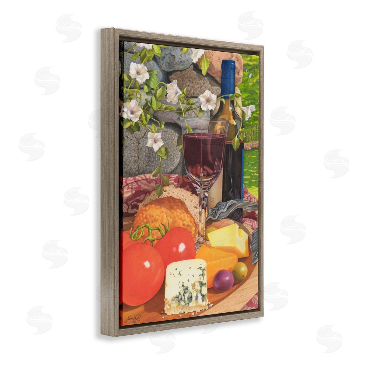 Wine and Cheese Plate Brown Floating Frame Canvas Wall Art, Home Decor by Mardell Schuster