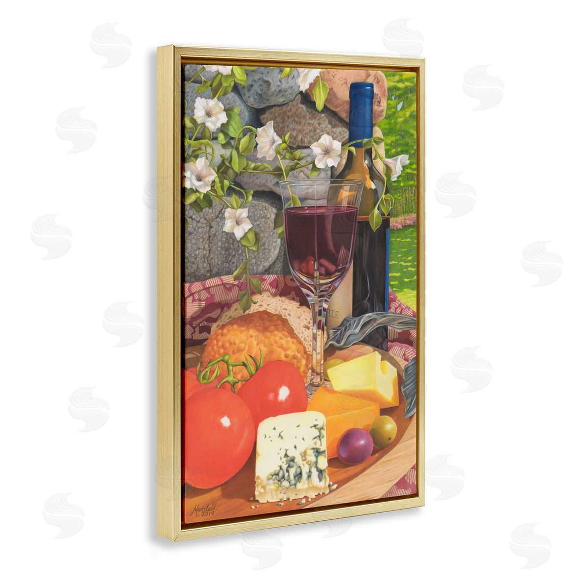 Wine and Cheese Plate Gold Floating Frame Canvas Wall Art, Home Decor by Mardell Schuster