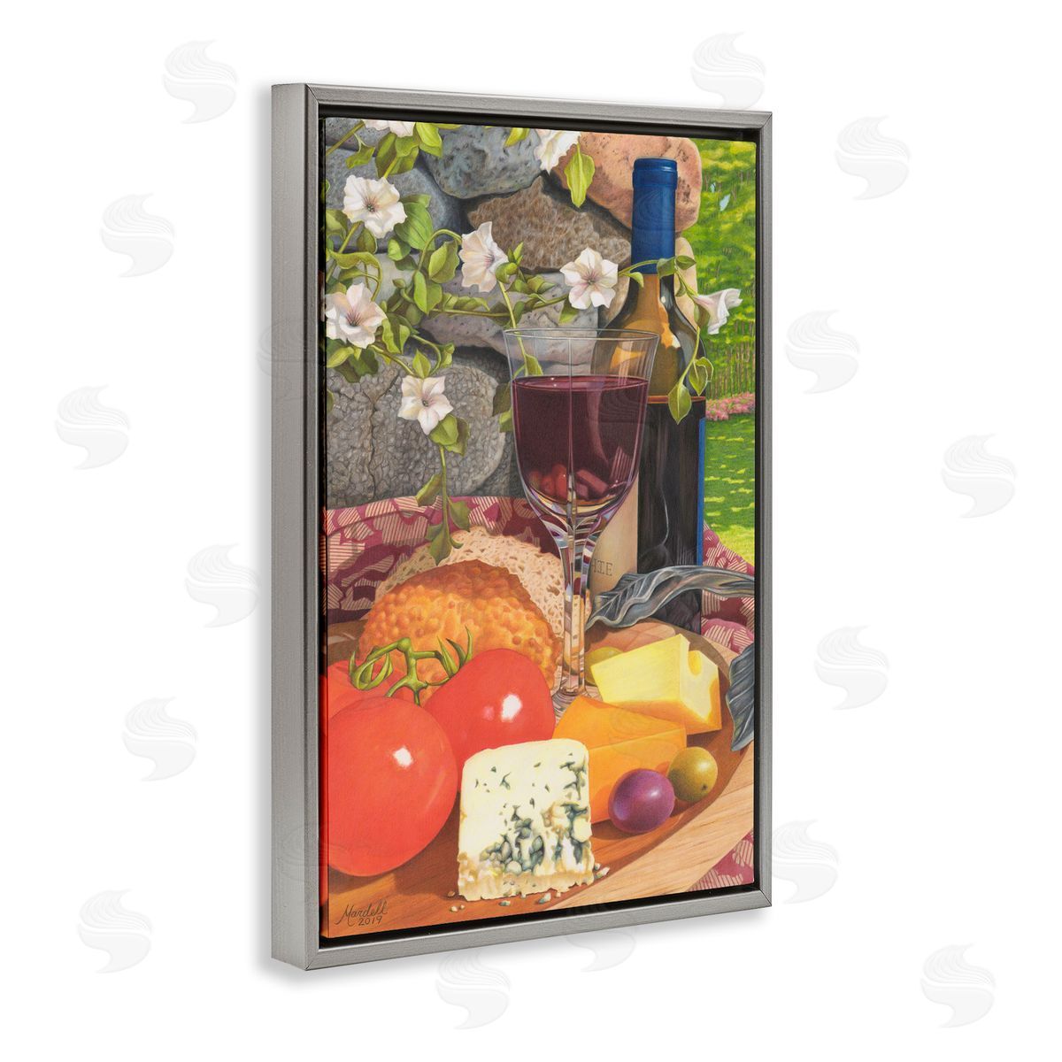 Wine and Cheese Plate Grey Floating Frame Canvas Wall Art, Home Decor by Mardell Schuster