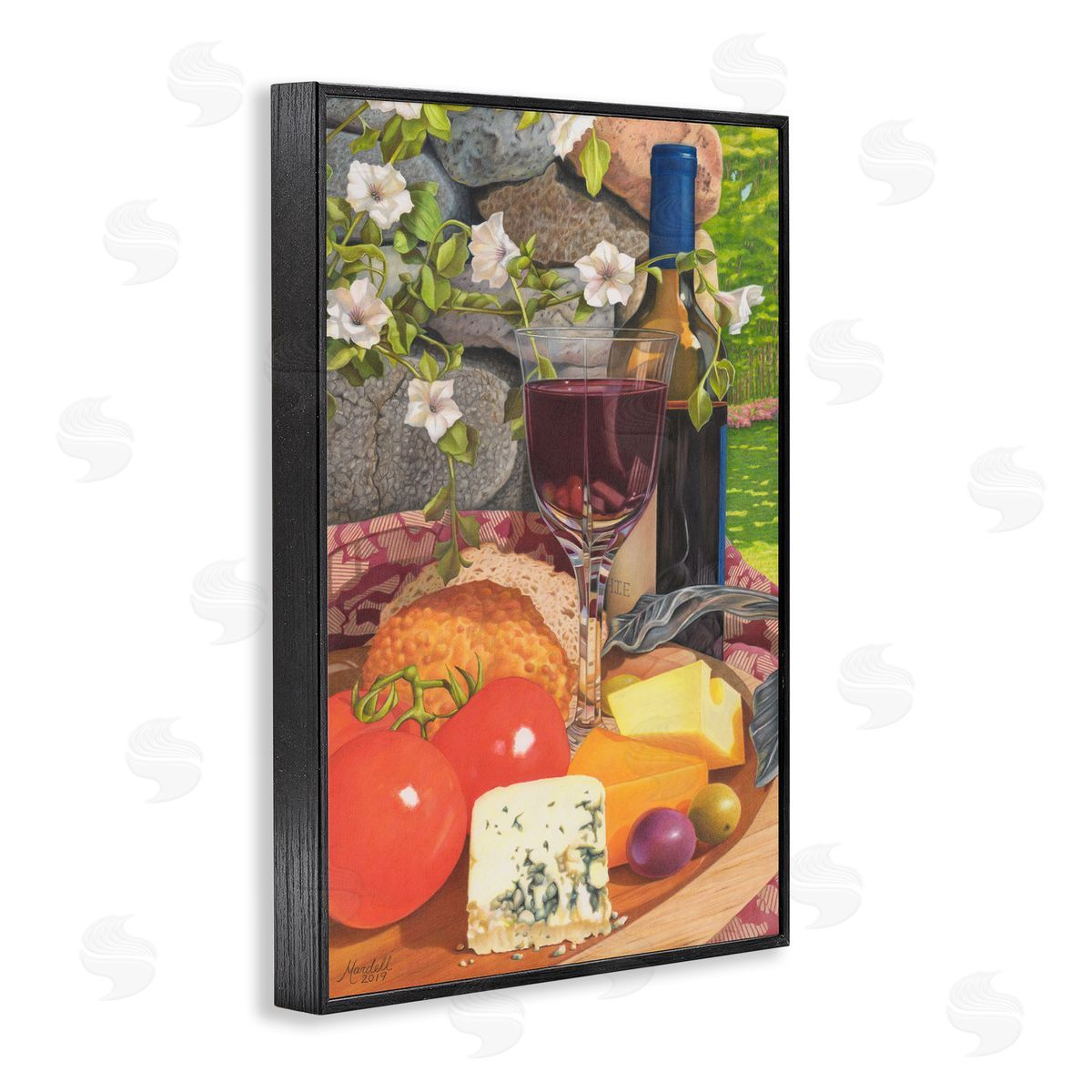Wine and Cheese Plate Black Frame Print Wall Art, Home Decor by Mardell Schuster