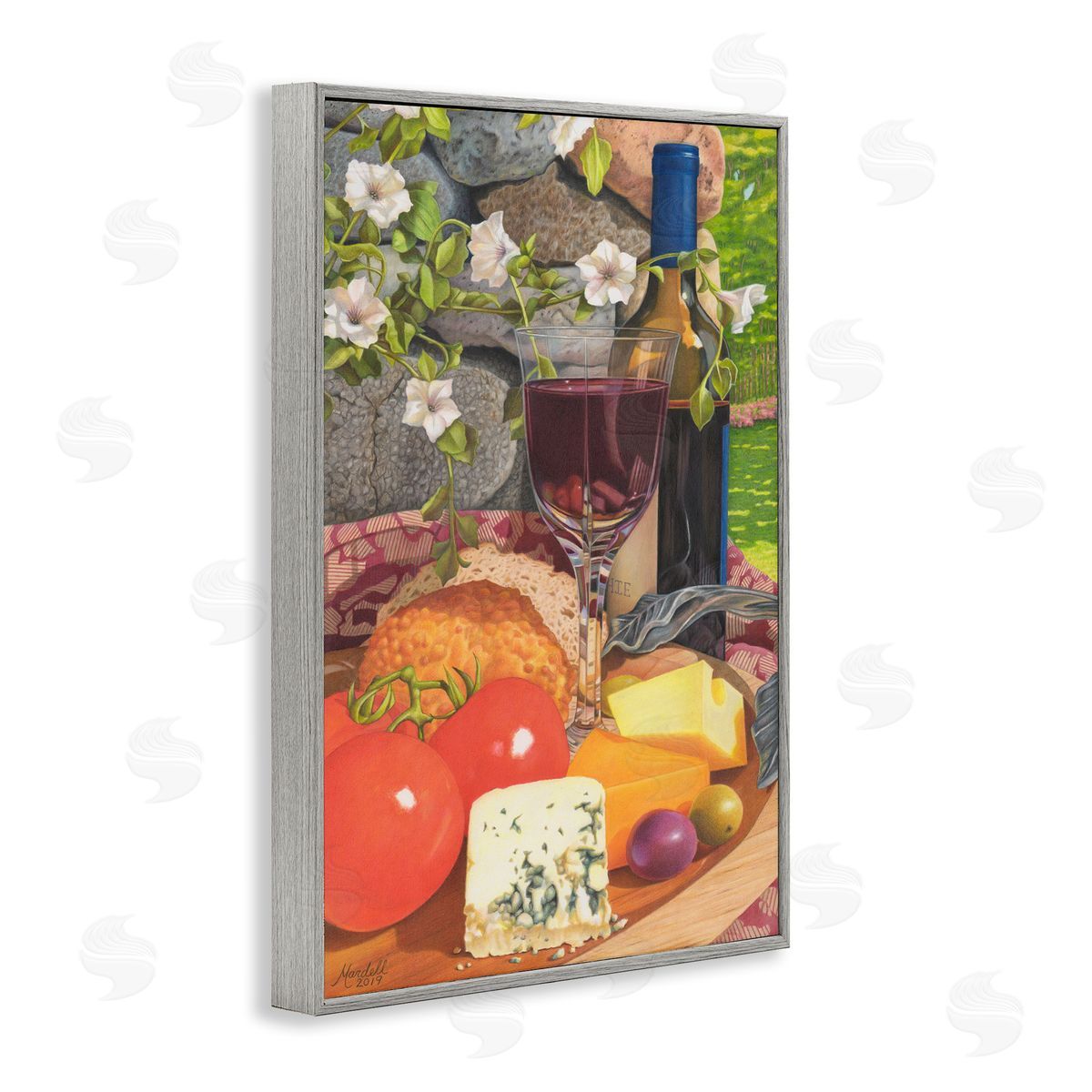 Wine and Cheese Plate Grey Frame Print Wall Art, Home Decor by Mardell Schuster