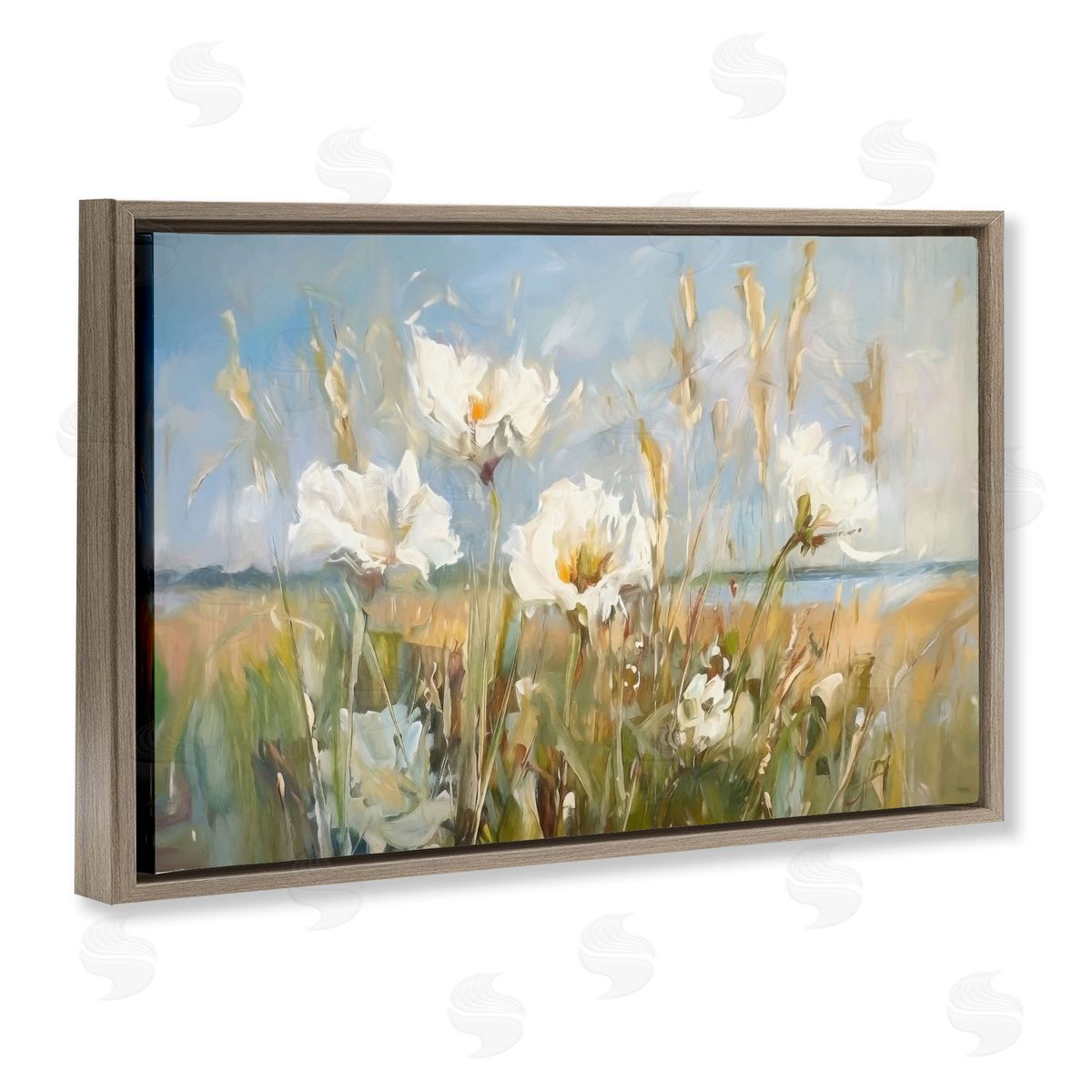 Soft Seaside Wildflowers Brown Floating Frame Canvas Wall Art, Home Decor by Ramona Murdock