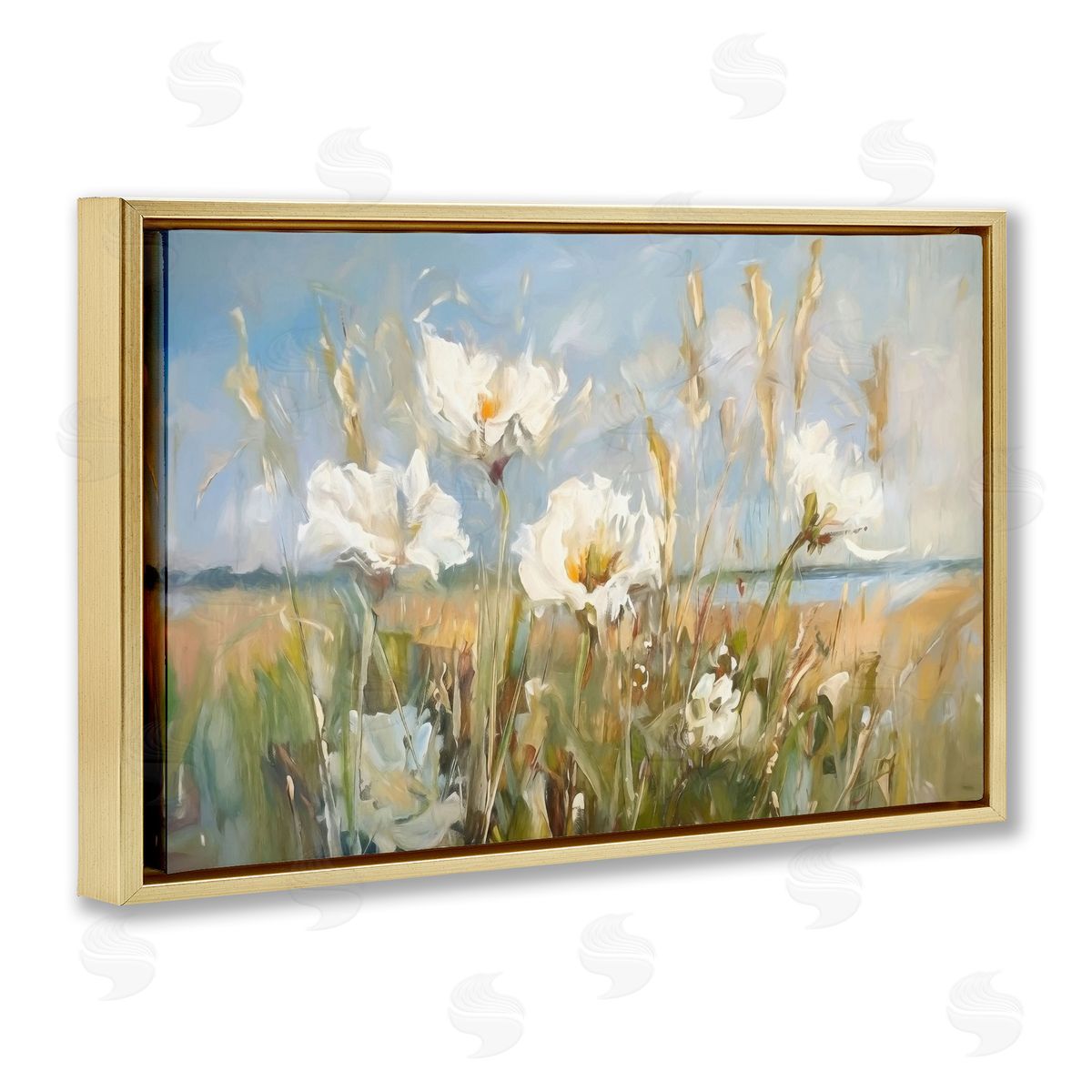Soft Seaside Wildflowers Gold Floating Frame Canvas Wall Art, Home Decor by Ramona Murdock