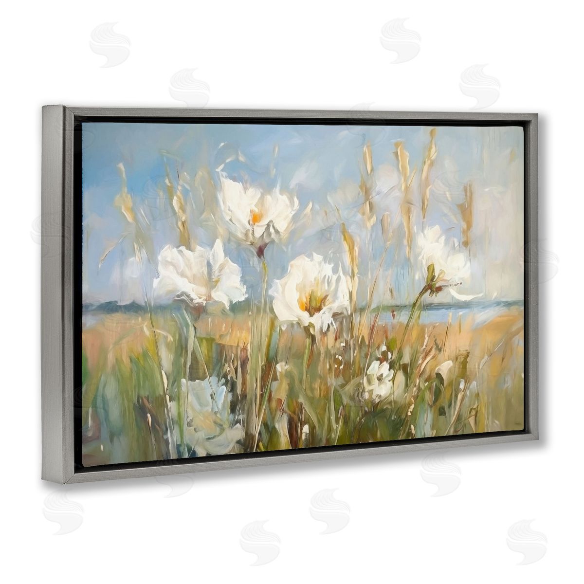 Soft Seaside Wildflowers Grey Floating Frame Canvas Wall Art, Home Decor by Ramona Murdock