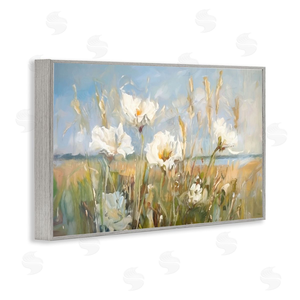 Soft Seaside Wildflowers Grey Frame Print Wall Art, Home Decor by Ramona Murdock