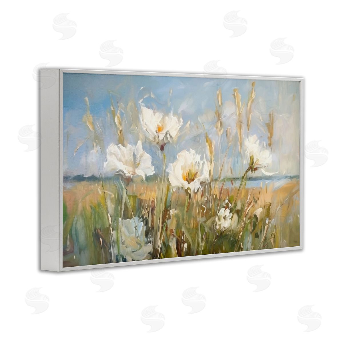 Soft Seaside Wildflowers White Frame Print Wall Art, Home Decor by Ramona Murdock
