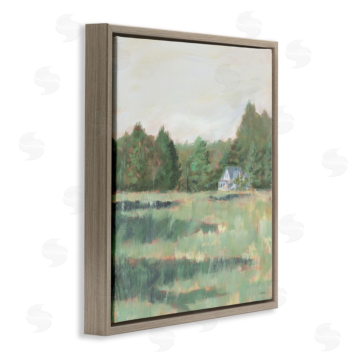 Farmhouse Across Meadow Brown Floating Frame Canvas Wall Art, Home Decor by Sue Schlabach