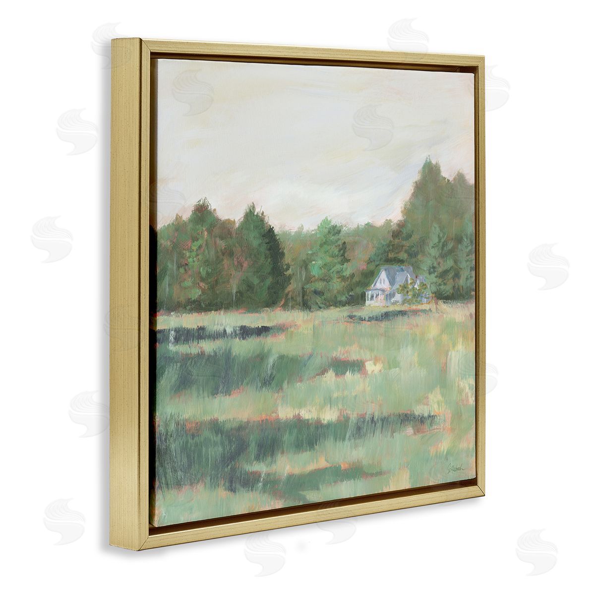 Farmhouse Across Meadow Gold Floating Frame Canvas Wall Art, Home Decor by Sue Schlabach