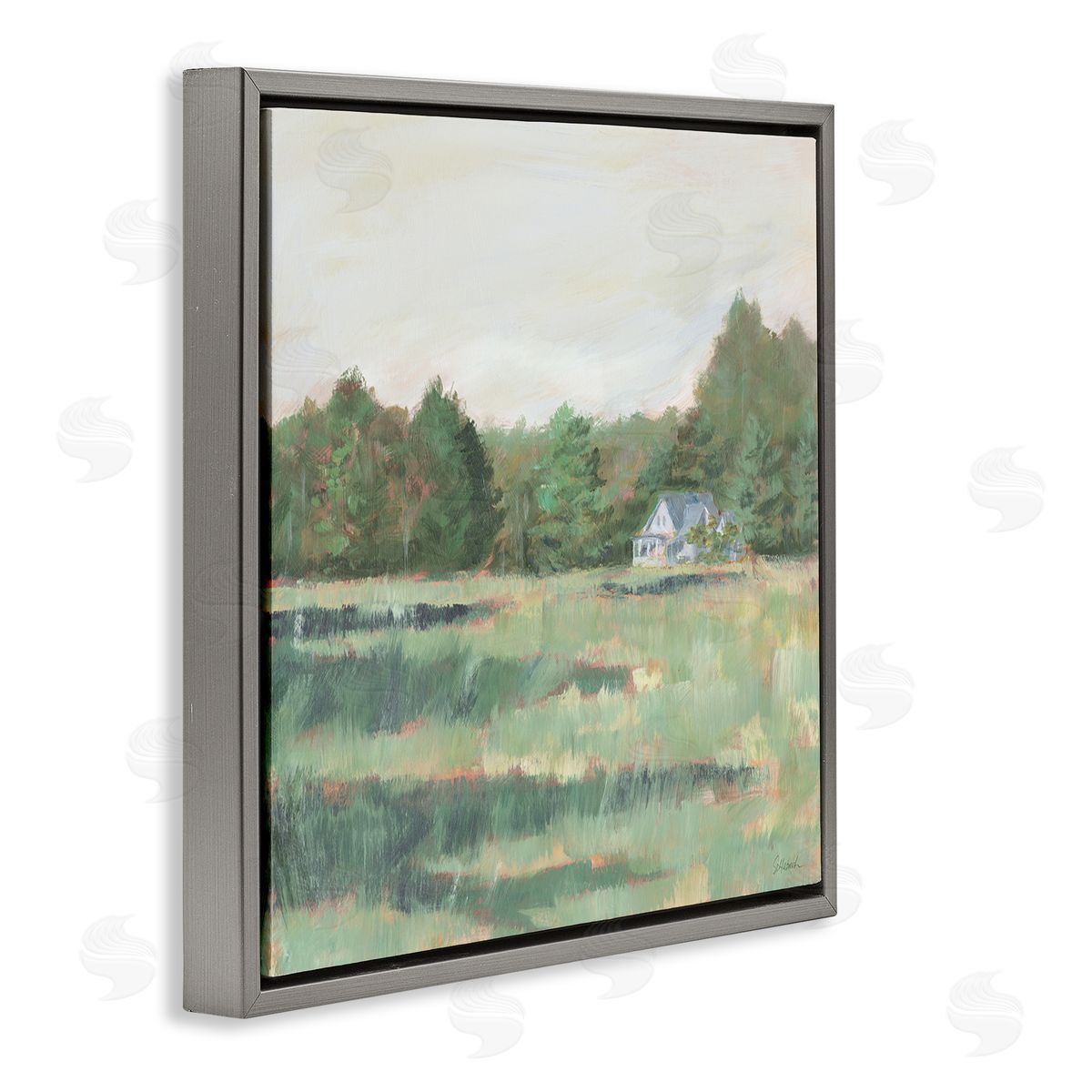 Farmhouse Across Meadow Grey Floating Frame Canvas Wall Art, Home Decor by Sue Schlabach