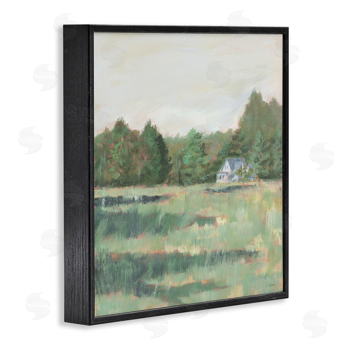 Farmhouse Across Meadow Black Frame Print Wall Art, Home Decor by Sue Schlabach