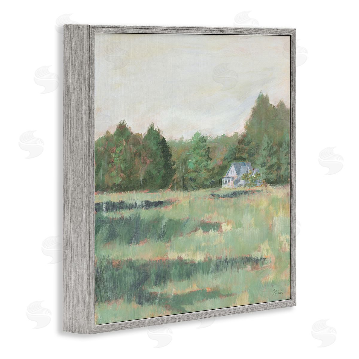 Farmhouse Across Meadow Grey Frame Print Wall Art, Home Decor by Sue Schlabach