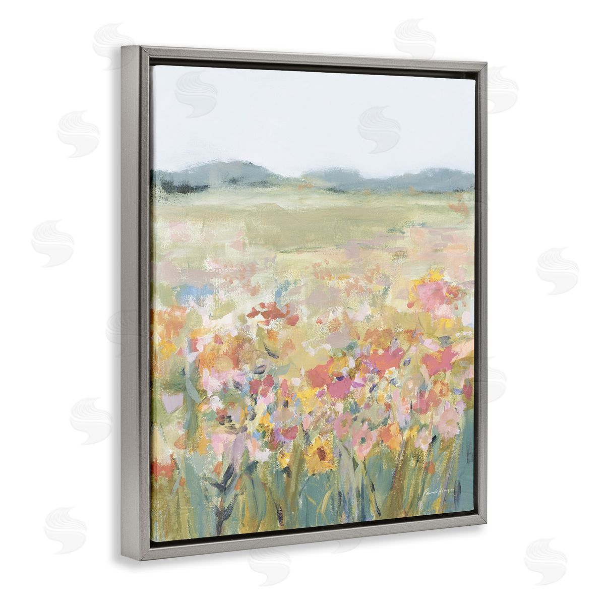 Soft Wildflower Meadow Grey Floating Frame Canvas Wall Art, Home Decor by Pamela Munger
