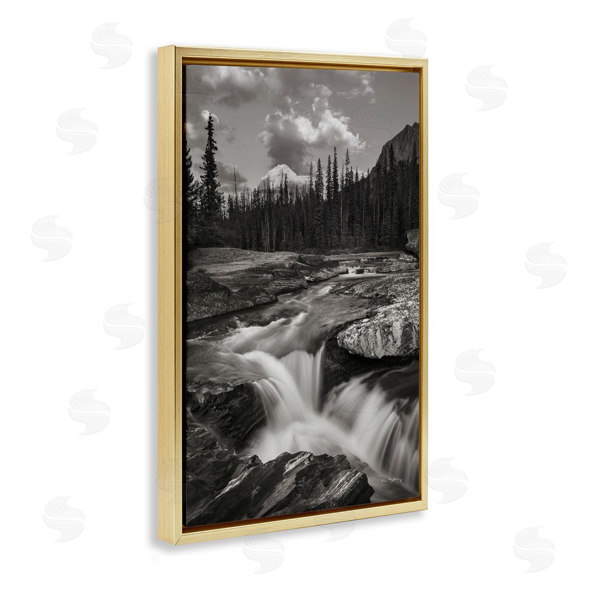 Rocky Splashing River Gold Floating Frame Canvas Wall Art, Home Decor by Alan Majchrowicz