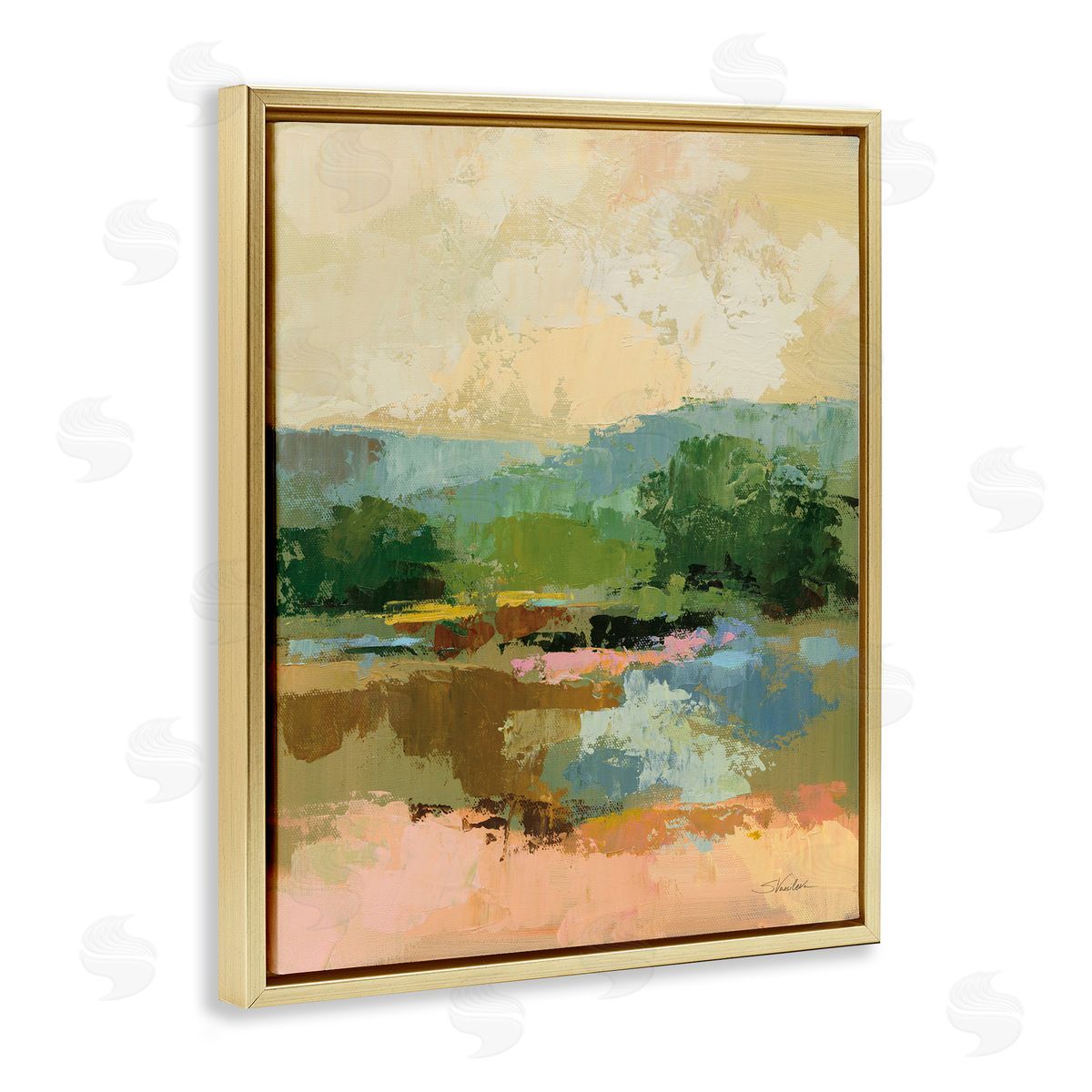 Across The River View Gold Floating Frame Canvas Wall Art, Home Decor by Silvia Vassileva