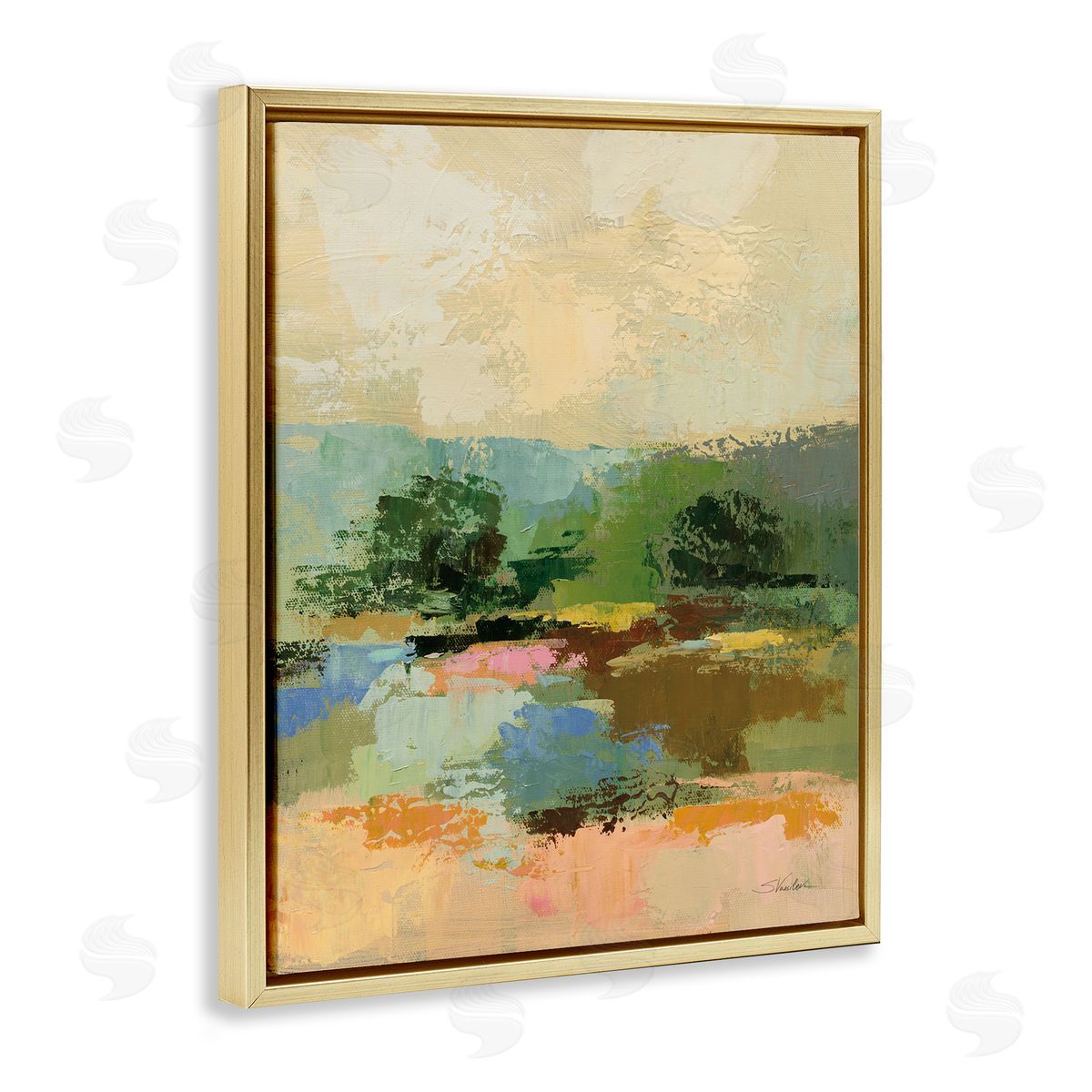 Across The River Abstract Gold Floating Frame Canvas Wall Art, Home Decor by Silvia Vassileva